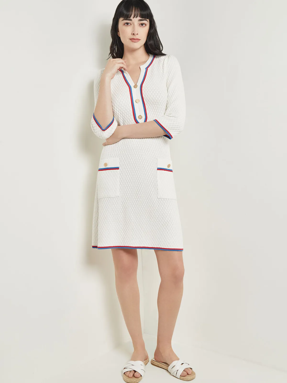 Dresses|Misook Above the Knee Sheath Dress - Intarsia Soft Knit NewIvory/AdriaticBlue/RadiantPink