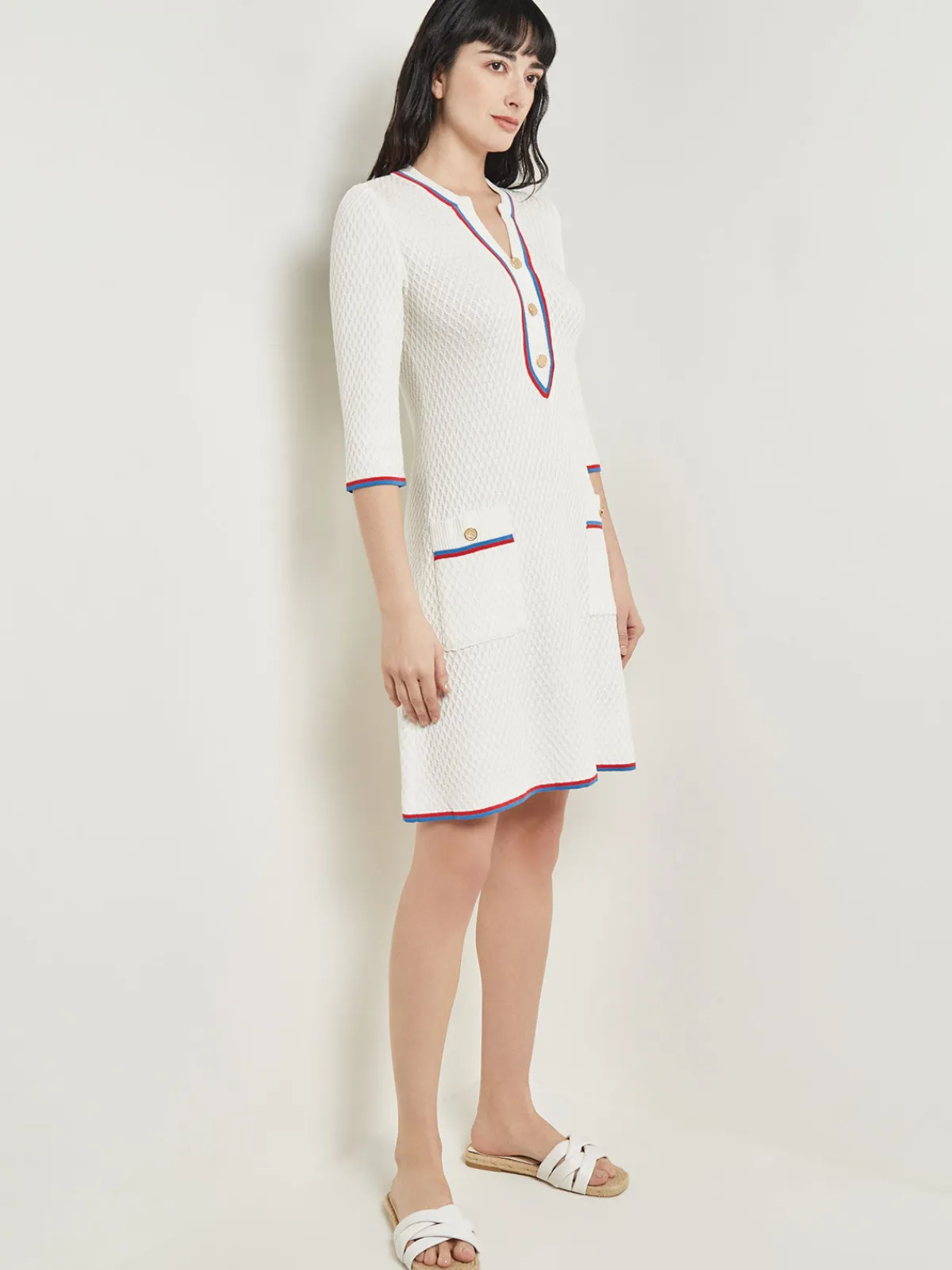 Dresses|Misook Above the Knee Sheath Dress - Intarsia Soft Knit NewIvory/AdriaticBlue/RadiantPink