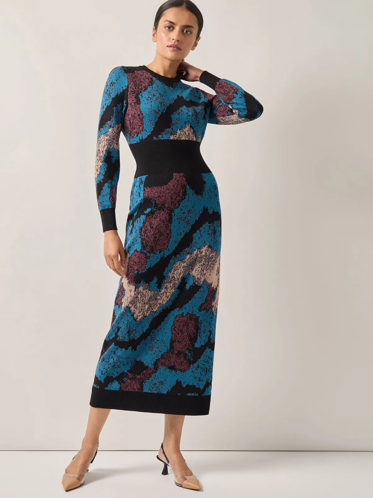 Dresses|Misook Abstract Sheath Jacquard Knit Maxi Dress TidalTeal/Black/Mahogany/Macchiato