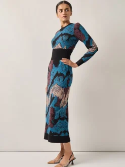 Dresses|Misook Abstract Sheath Jacquard Knit Maxi Dress TidalTeal/Black/Mahogany/Macchiato