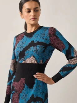 Dresses|Misook Abstract Sheath Jacquard Knit Maxi Dress TidalTeal/Black/Mahogany/Macchiato