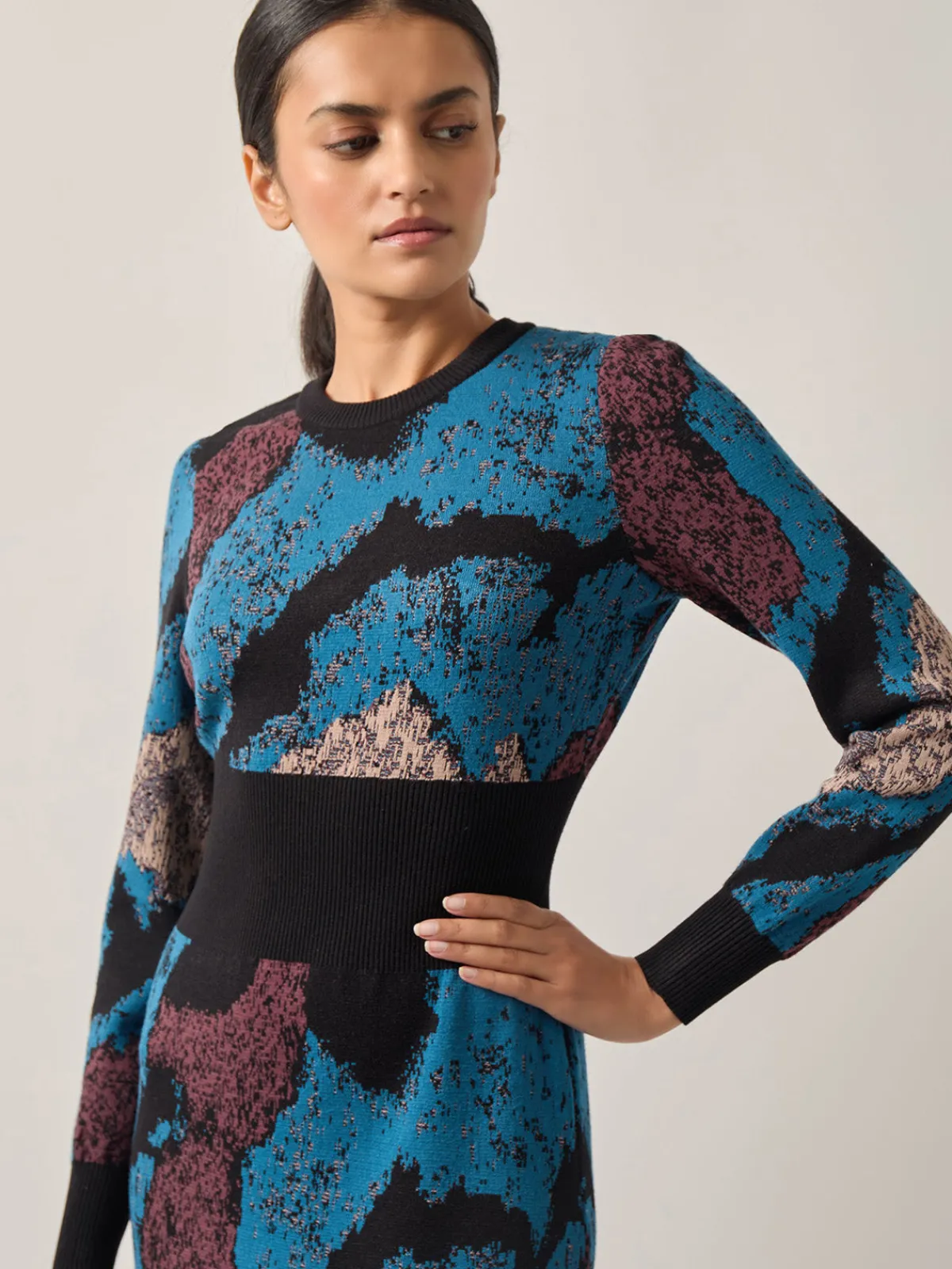 Dresses|Misook Abstract Sheath Jacquard Knit Maxi Dress TidalTeal/Black/Mahogany/Macchiato