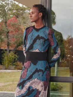 Dresses|Misook Abstract Sheath Jacquard Knit Maxi Dress TidalTeal/Black/Mahogany/Macchiato