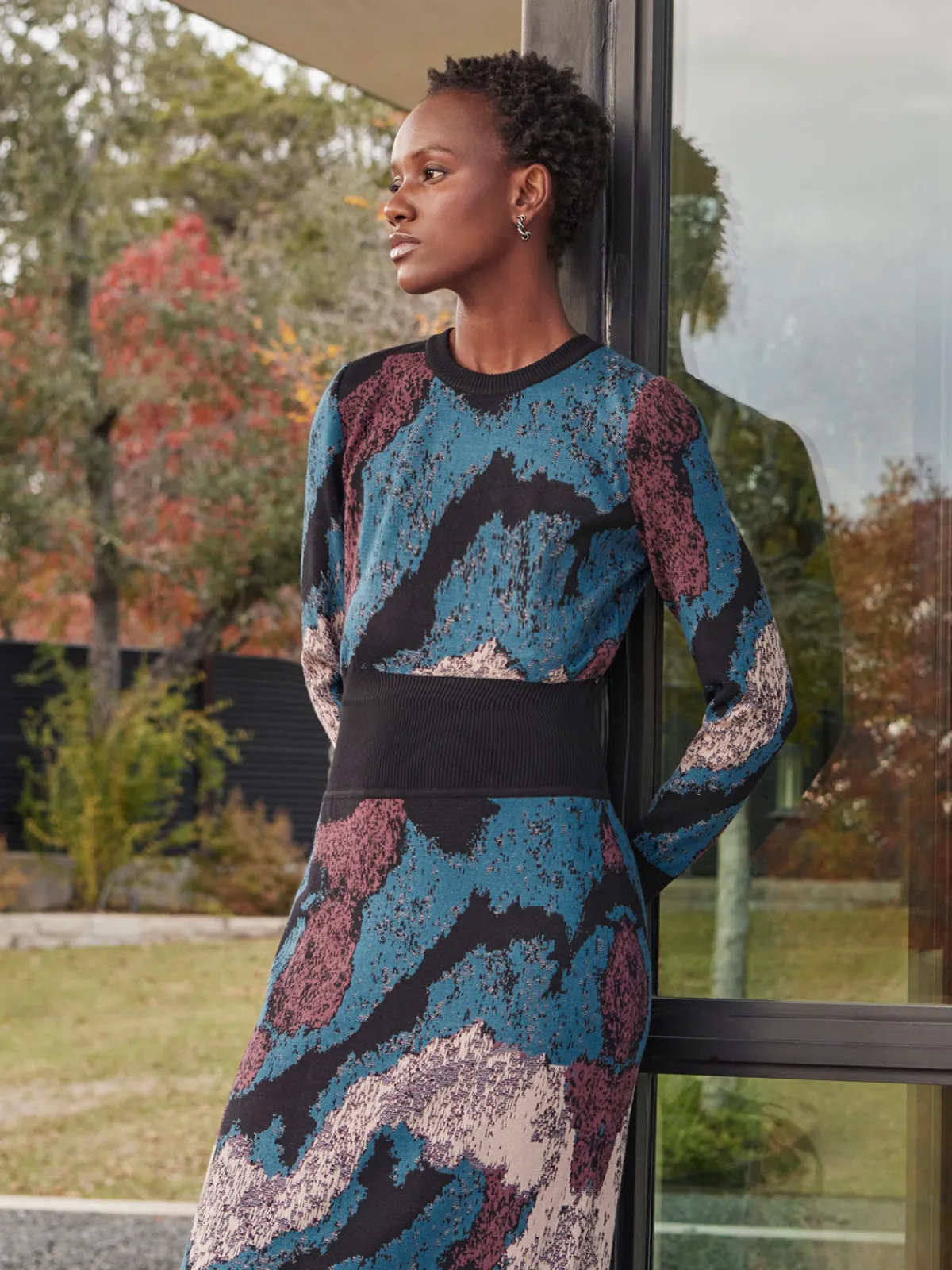 Dresses|Misook Abstract Sheath Jacquard Knit Maxi Dress TidalTeal/Black/Mahogany/Macchiato
