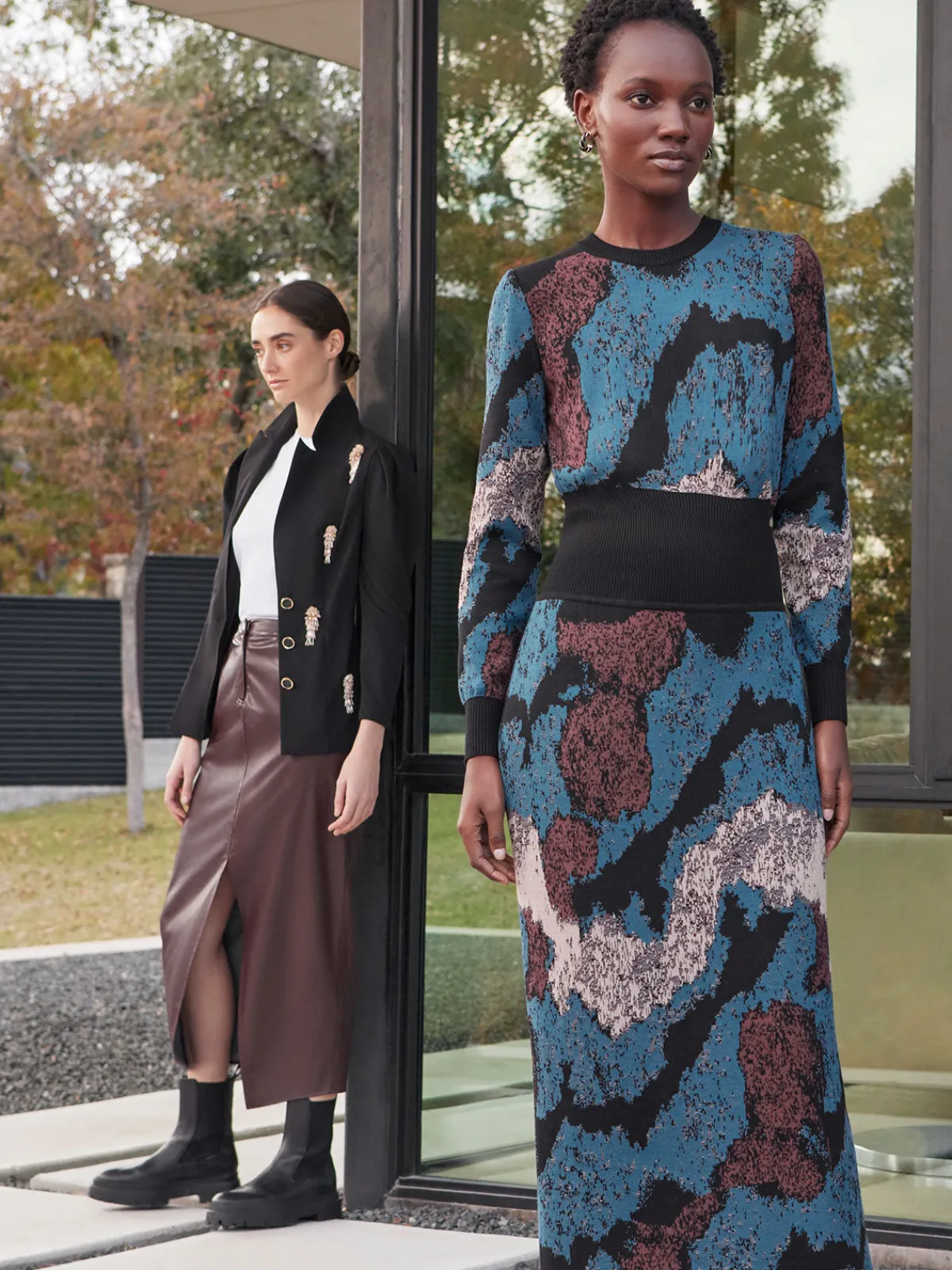 Dresses|Misook Abstract Sheath Jacquard Knit Maxi Dress TidalTeal/Black/Mahogany/Macchiato