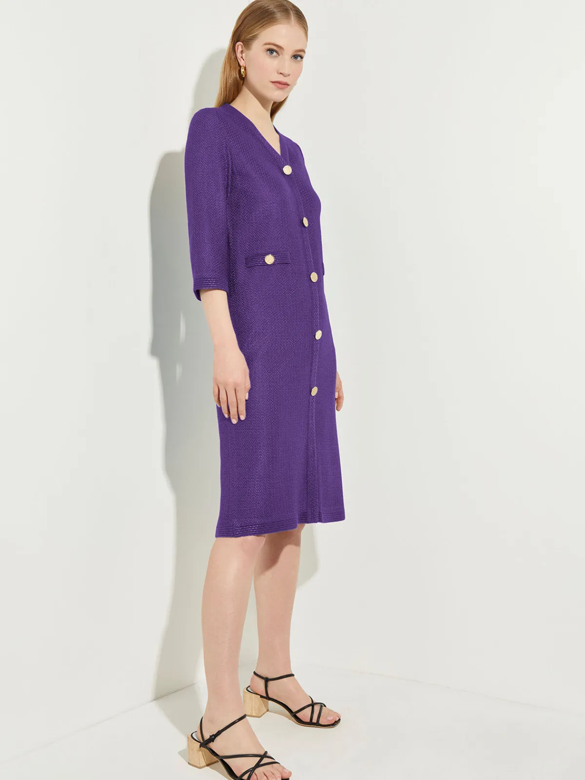 Dresses|Misook A-Line Button Detail Textured Knit Dress PlumRoyale