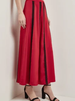 Skirts|Misook A-Line Crepe de Chine Lace Applique Maxi Skirt Rouge/Black