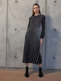 Dresses|Misook A-Line Melange Striped Soft Knit Midi Dress Black/NewIvory