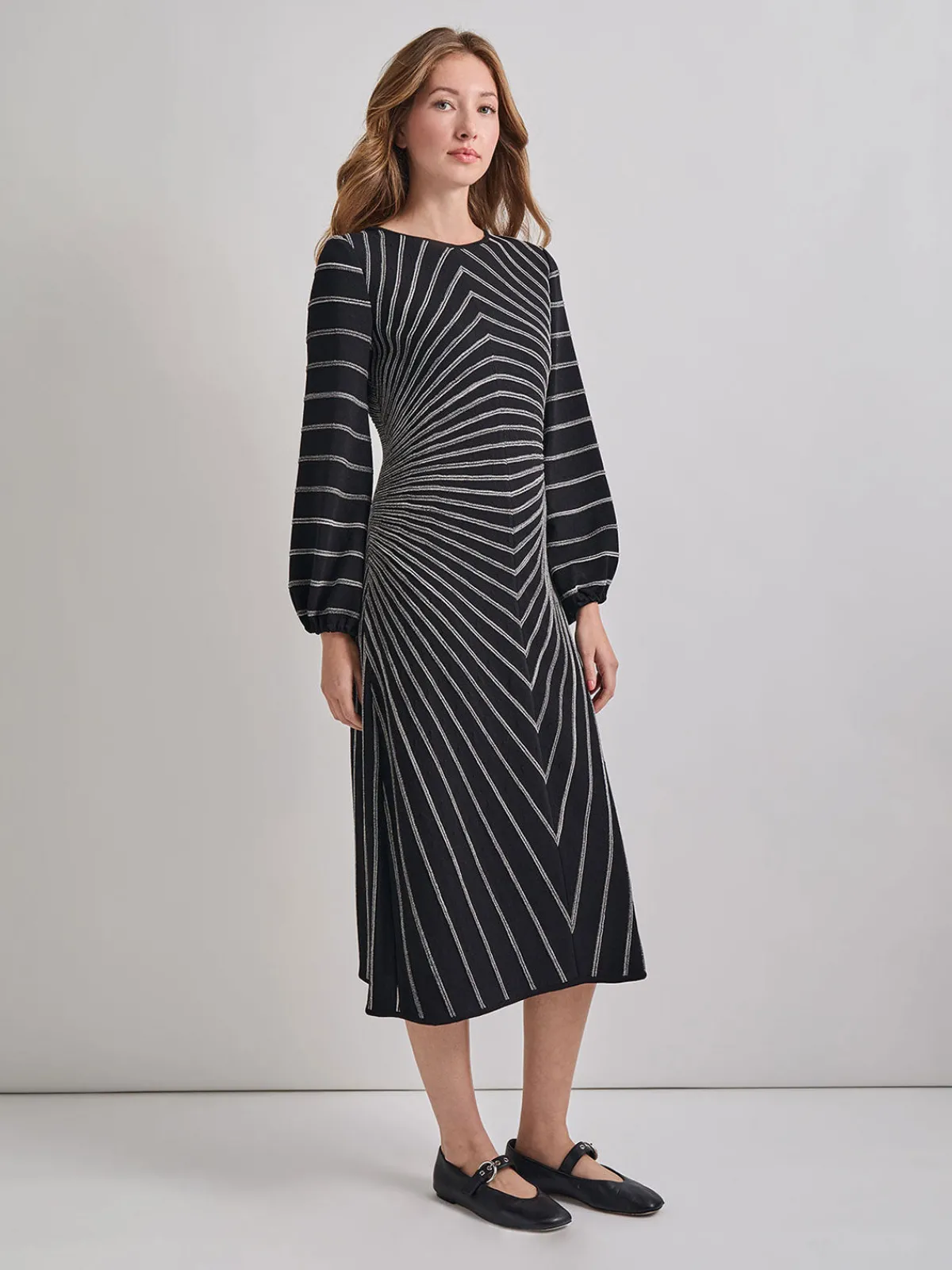 Dresses|Misook A-Line Melange Striped Soft Knit Midi Dress Black/NewIvory