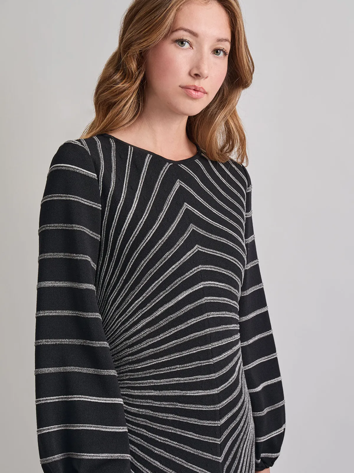 Dresses|Misook A-Line Melange Striped Soft Knit Midi Dress Black/NewIvory