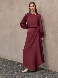 Skirts|Misook Asymmetrical Crepe de Chine Maxi Skirt Sangria