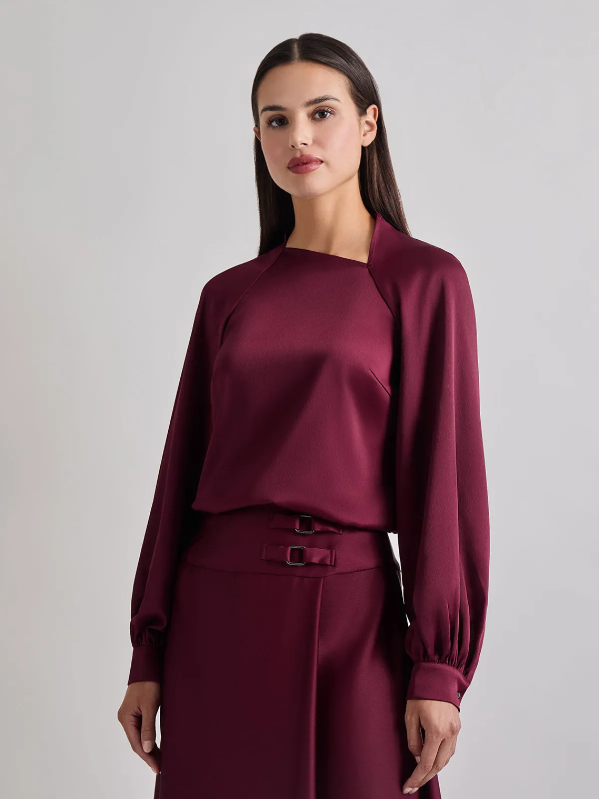 Blouses & Shirts|Tops & Tees|Misook Asymmetrical Neckline Crepe de Chine Blouse Sangria