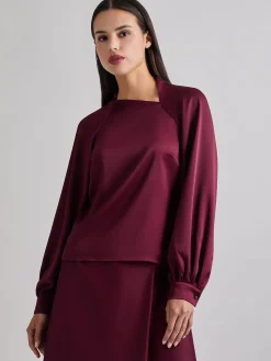 Blouses & Shirts|Tops & Tees|Misook Asymmetrical Neckline Crepe de Chine Blouse Sangria