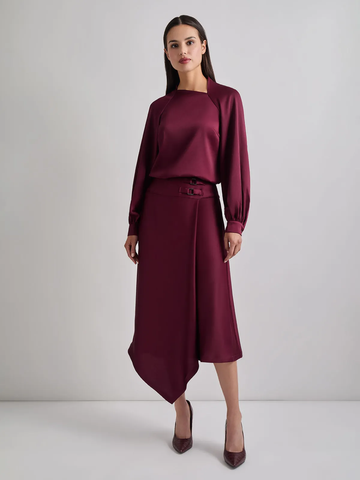 Blouses & Shirts|Tops & Tees|Misook Asymmetrical Neckline Crepe de Chine Blouse Sangria