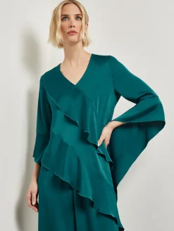 Blouses & Shirts|Tops & Tees|Misook Asymmetrical Ruffle Blouse - Crepe De Chine Spruce