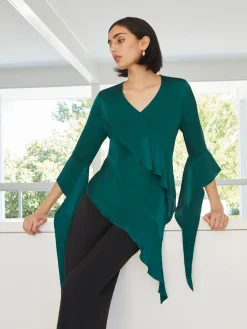 Blouses & Shirts|Tops & Tees|Misook Asymmetrical Ruffle Blouse - Crepe De Chine Spruce