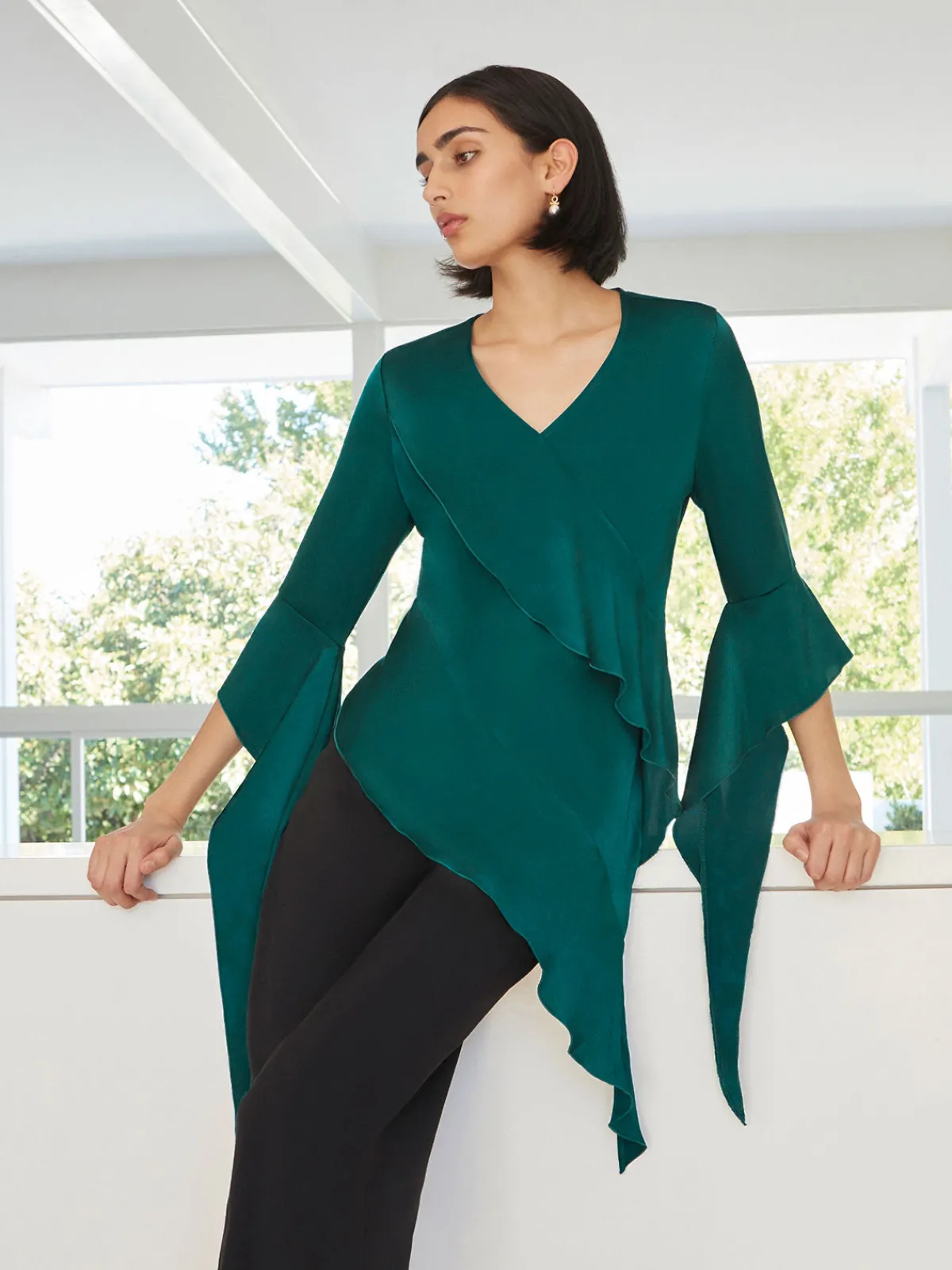 Blouses & Shirts|Tops & Tees|Misook Asymmetrical Ruffle Blouse - Crepe De Chine Spruce