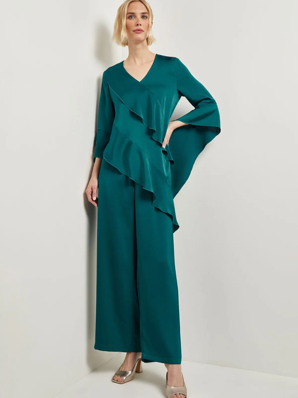Blouses & Shirts|Tops & Tees|Misook Asymmetrical Ruffle Blouse - Crepe De Chine Spruce