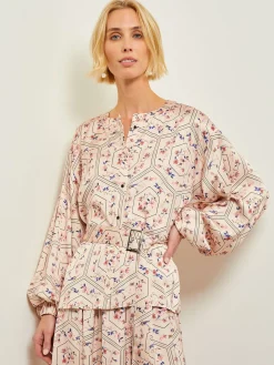 Blouses & Shirts|Tops & Tees|Misook Balloon Sleeve Belted Blouse - Floral Print Crepe de Chine Biscotti/PorcelainPink/OceanCoral/Mazarine/Charmeuse