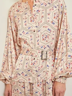 Blouses & Shirts|Tops & Tees|Misook Balloon Sleeve Belted Blouse - Floral Print Crepe de Chine Biscotti/PorcelainPink/OceanCoral/Mazarine/Charmeuse