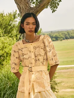 Blouses & Shirts|Tops & Tees|Misook Belted Button Front Blouse - Floral Applique Woven PaleGold