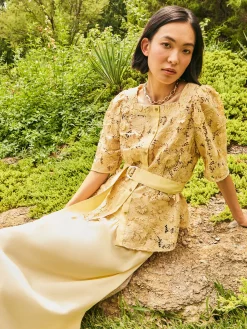Blouses & Shirts|Tops & Tees|Misook Belted Button Front Blouse - Floral Applique Woven PaleGold