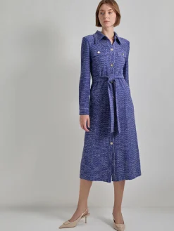 Dresses|Misook Belted Button Front Tweed Knit Midi Dress StarryNightBlue/NewIvory