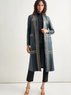 Jackets & Coats|Misook Belted Long Vegan Leather Jacket MarineTeal/Black/Goldenwood