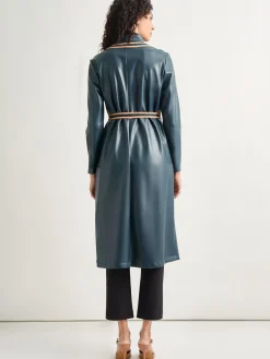 Jackets & Coats|Misook Belted Long Vegan Leather Jacket MarineTeal/Black/Goldenwood