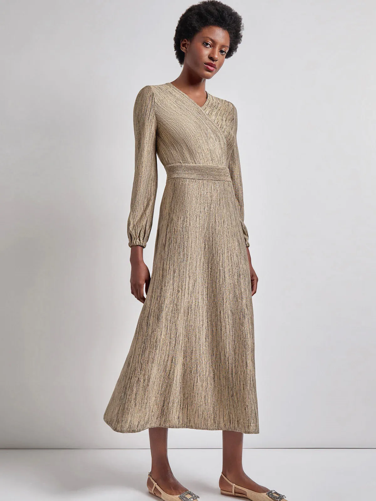 Dresses|Misook Bishop Sleeve Jacquard Knit Maxi Dress Black/Sand/Biscotti