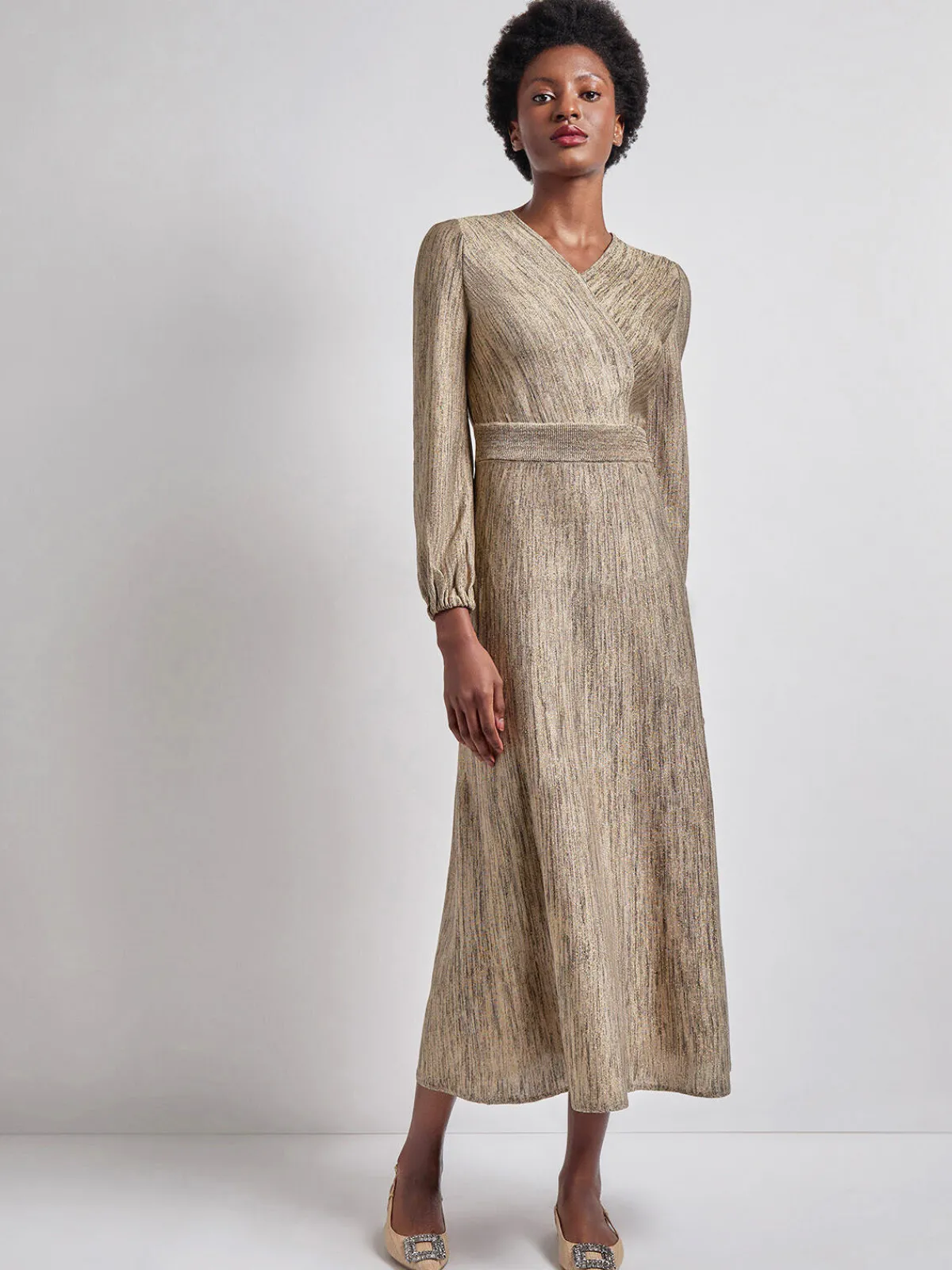 Dresses|Misook Bishop Sleeve Jacquard Knit Maxi Dress Black/Sand/Biscotti