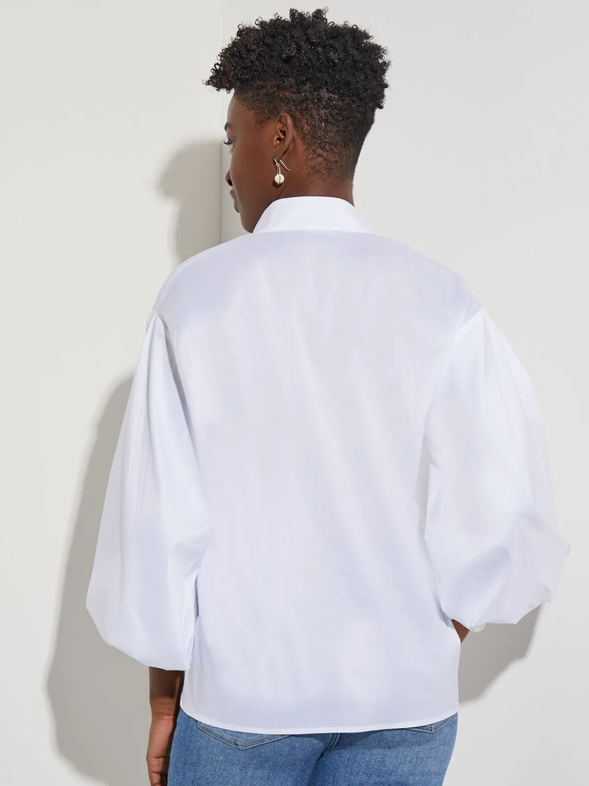 Blouses & Shirts|Tops & Tees|Misook Bishop Sleeve Stretch Cotton Blouse White