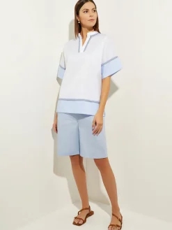 Blouses & Shirts|Tops & Tees|Misook Blouse White Cotton - Split Neck Blouse | CirrusBlue/White/Black