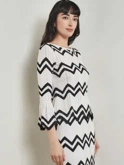 Tops & Tees|Misook Boat Neck Tunic - Contrast Chevron Pointelle Soft Knit NewIvory/Black