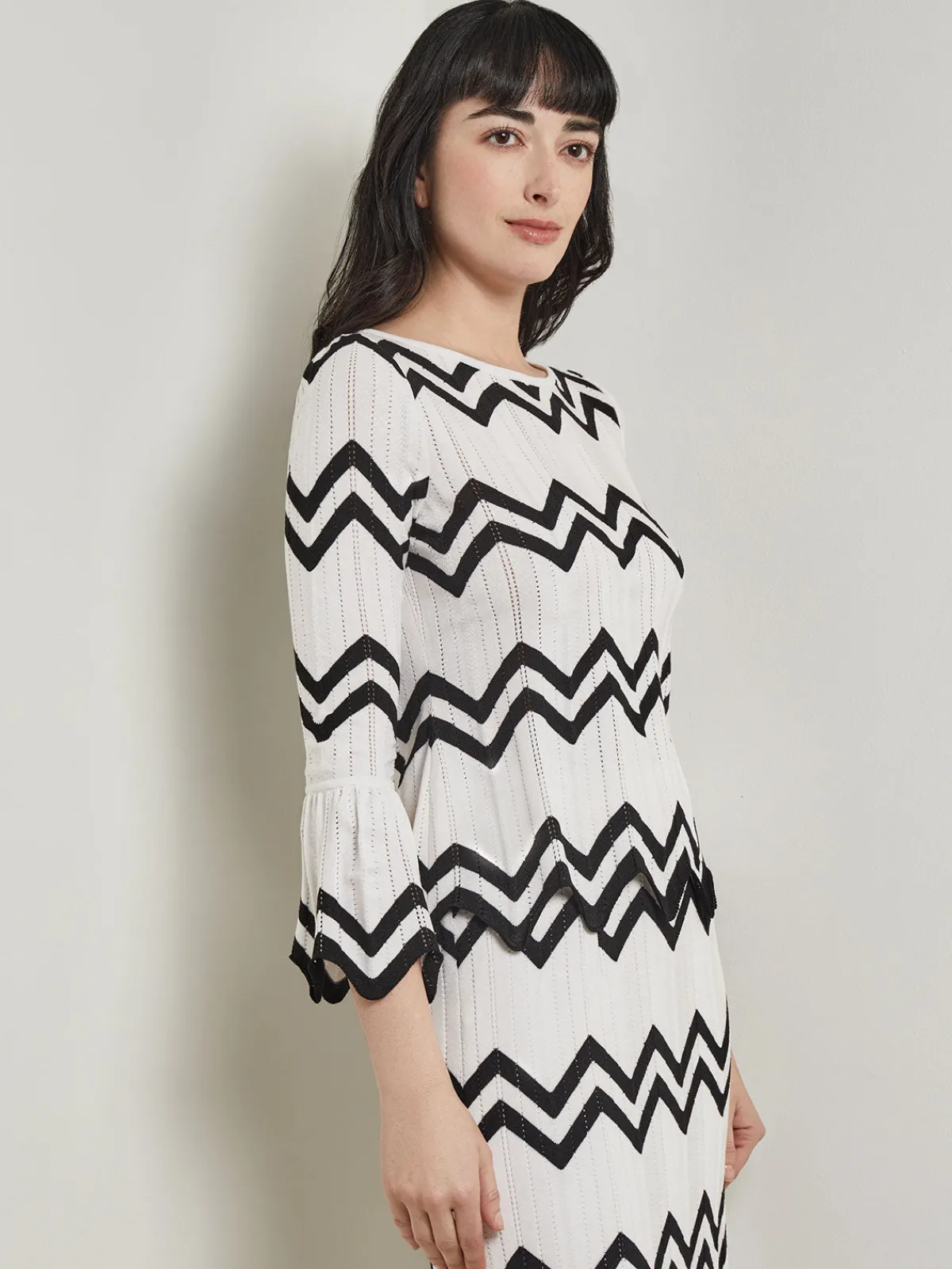 Tops & Tees|Misook Boat Neck Tunic - Contrast Chevron Pointelle Soft Knit NewIvory/Black