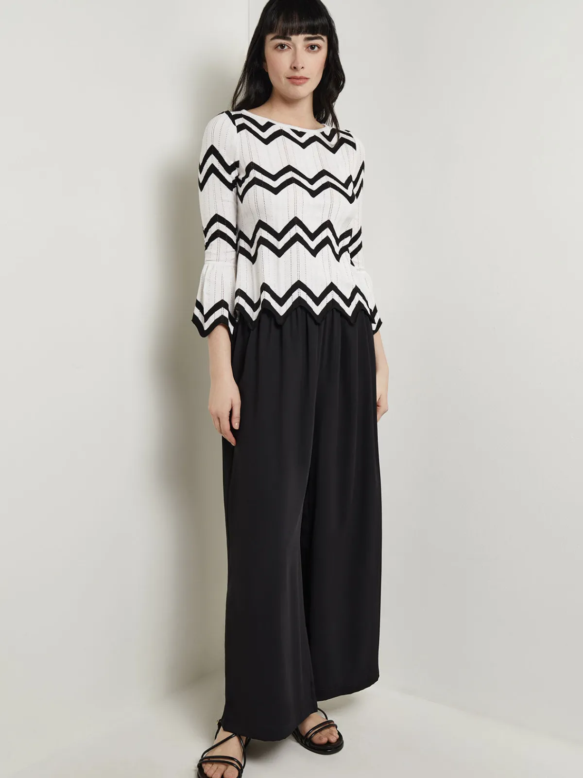 Tops & Tees|Misook Boat Neck Tunic - Contrast Chevron Pointelle Soft Knit NewIvory/Black