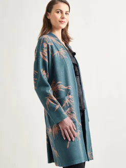 Jackets & Coats|Misook Botanical Print Open Front Long Jacquard Knit Jacket MarineTeal/Goldenwood