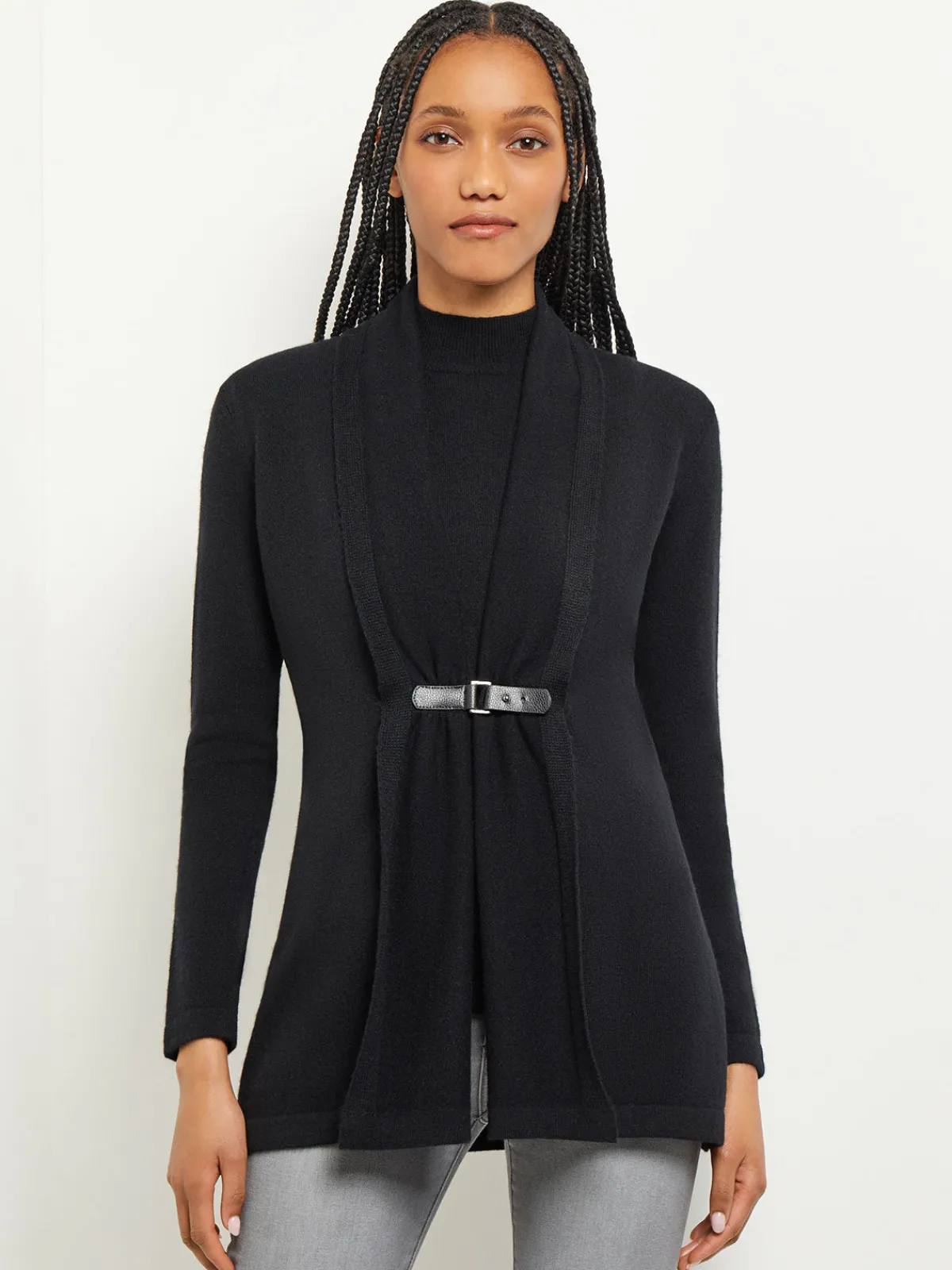 Jackets & Coats|Misook Buckle Detail Shawl Collar Cashmere Cardigan Black