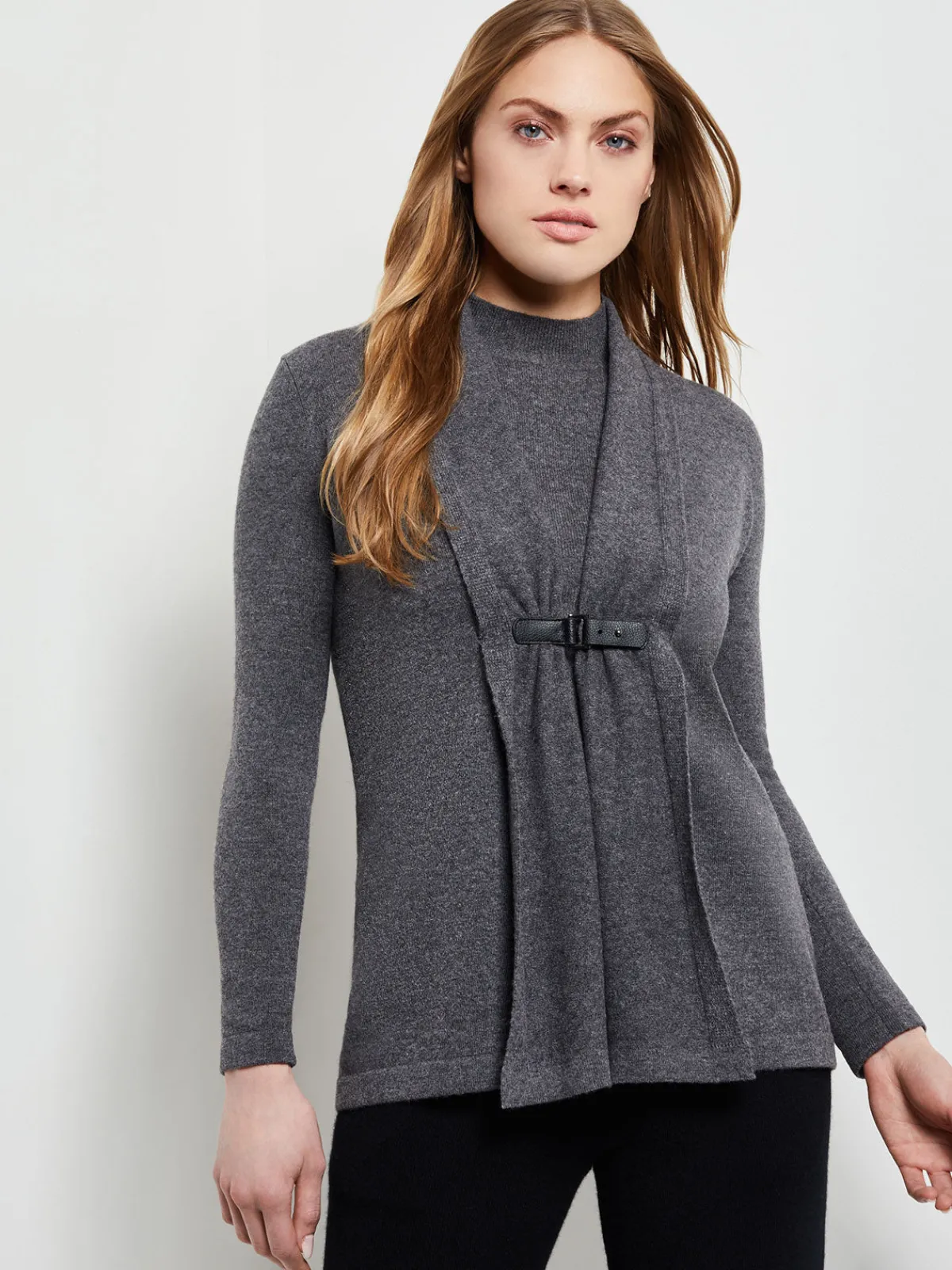 Jackets & Coats|Misook Buckle Detail Shawl Collar Cashmere Cardigan Charcoal