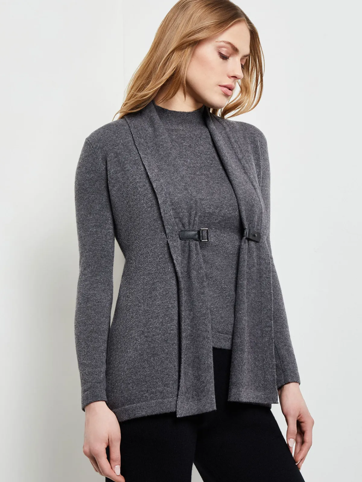 Jackets & Coats|Misook Buckle Detail Shawl Collar Cashmere Cardigan Charcoal