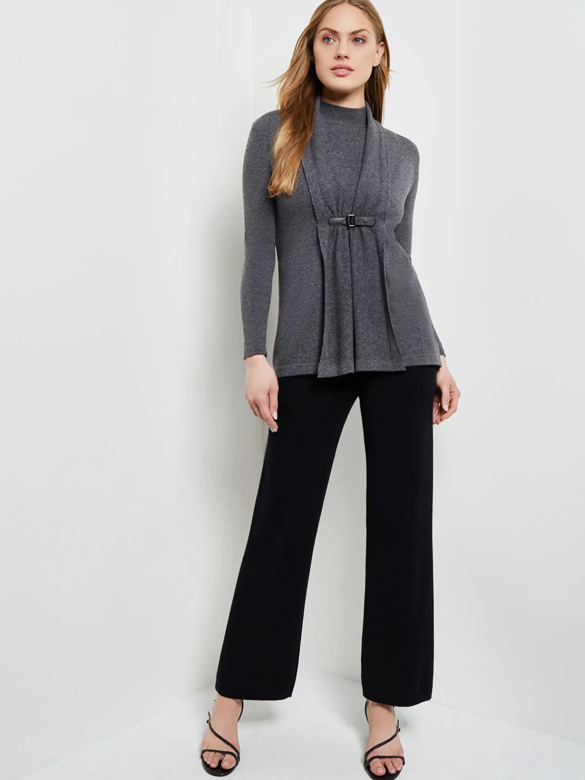 Jackets & Coats|Misook Buckle Detail Shawl Collar Cashmere Cardigan Charcoal