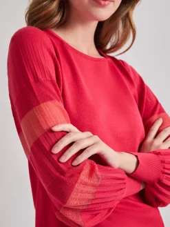 Tops & Tees|Misook Burnout Accent Bishop Sleeve Soft Knit Tunic SunsetRed