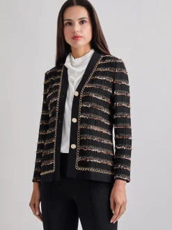 Jackets & Coats|Misook Chain Trim Lurex Knit Jacket Black/Parchment/Sangria