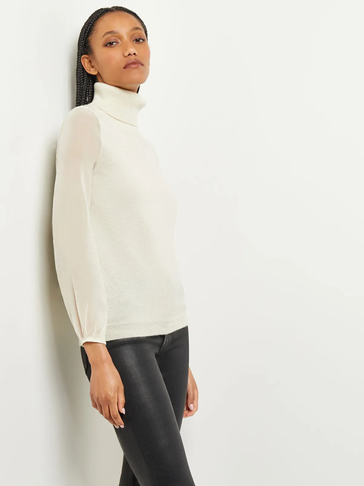 Tops & Tees|Misook Chiffon Sleeve Cashmere Turtleneck Ivory