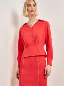 Blouses & Shirts|Tops & Tees|Misook Collared Surplice Neck Blouse - Peplum Woven RadiantPink