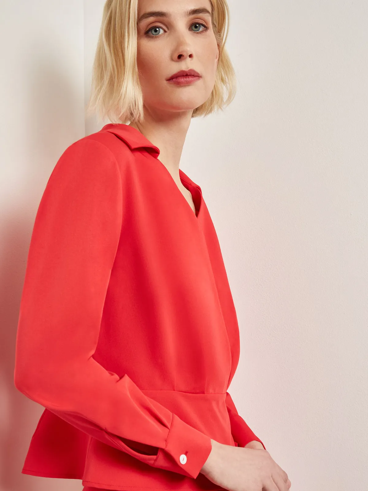 Blouses & Shirts|Tops & Tees|Misook Collared Surplice Neck Blouse - Peplum Woven RadiantPink