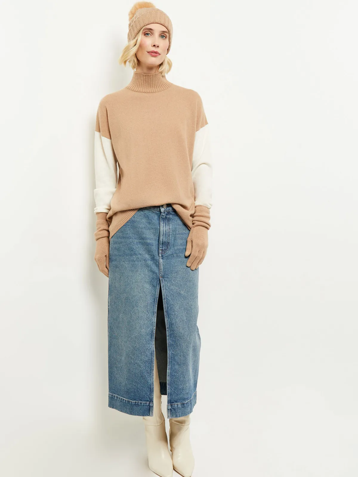 Tops & Tees|Misook Colorblock Cashmere Turtleneck Tunic Natural/Ivory