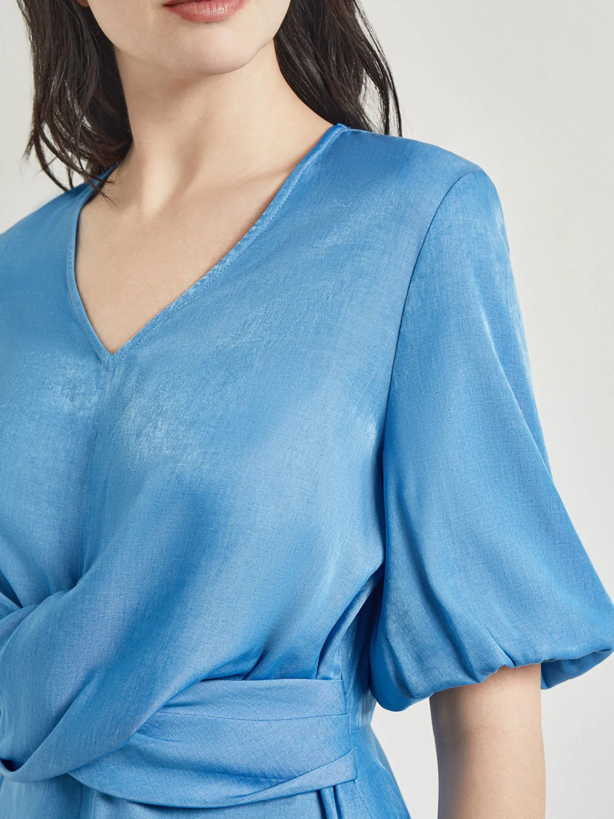 Blouses & Shirts|Tops & Tees|Misook Crossover Peplum Blouse - Puff Sleeve Woven AdriaticBlue