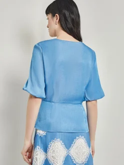 Blouses & Shirts|Tops & Tees|Misook Crossover Peplum Blouse - Puff Sleeve Woven AdriaticBlue