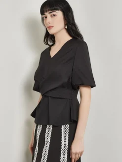 Blouses & Shirts|Tops & Tees|Misook Crossover Peplum Blouse - Puff Sleeve Woven Black